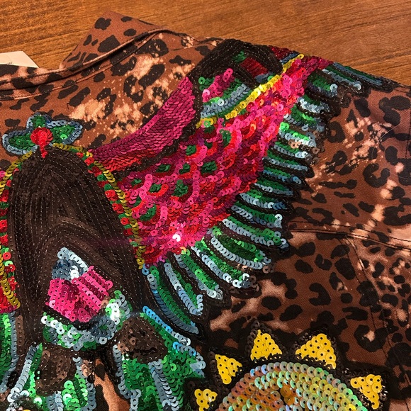 Cheetah Print Bleached Third Eye Sequin Jean Canvas Jacket Boutique NWT - Picture 6 of 6